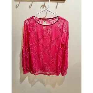 Anthropologie Eva Franco NWT Hot Neon Pink Sheer Long Sleeve Blouse Top